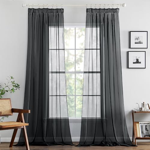 MIULEE Gardinen Vorhänge mit Kräuselband Vorhang Transparente Gardine aus Einfarbig Transparent Sheer Voile Wohnzimmer Luftig Dekoschal für Schlafzimmer 2er Set 225 x 140cm (H x B) Schwarz von MIULEE