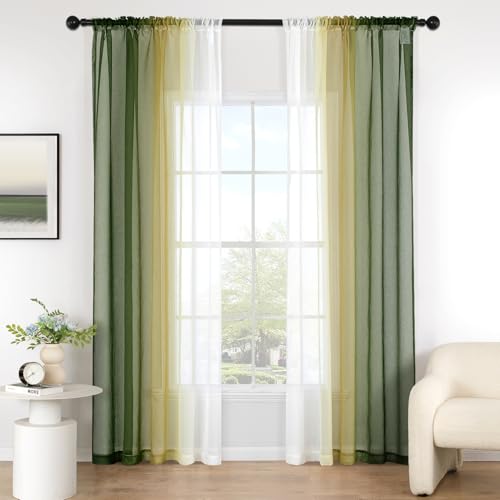 MIULEE Gardinen Vorhang Olivergrün Transparente Wohnzimmer Modern Gardine Zweifarbiger Schiebevorhänge Vorhänge Gardinenschals Schlafzimmer 2er Set 140x145cm von MIULEE