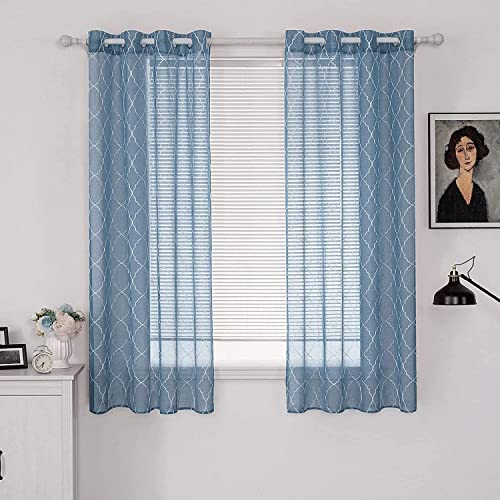 MIULEE Gardinen Vorhang Wohnzimmer 2er Set mit Ösen Transparente Vorhänge Stores gardinen mit kräuselband Stickerei Ösenschal Fensterschal Dekoschal für Schlafzimmer 145 x 140cm (H x B) Dunkelblau von MIULEE