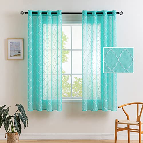 MIULEE Gardinen Vorhang Wohnzimmer 2er Set mit Ösen Transparente Vorhänge Stores gardinen mit kräuselband Stickerei Ösenschal Fensterschal Dekoschal für Schlafzimmer 160 x 140cm (H x B) See Blau von MIULEE