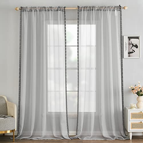 MIULEE Gardinen mit Pompons-Hübsche Grau Transparent Gardinen für Kinderzimmer Mädchen, 2 Stücke Vorhang mit Pompons mit Stangendurchzug Durchsichtig Vorhang mit Bommeln, Jeder H 260 X B 140cm von MIULEE