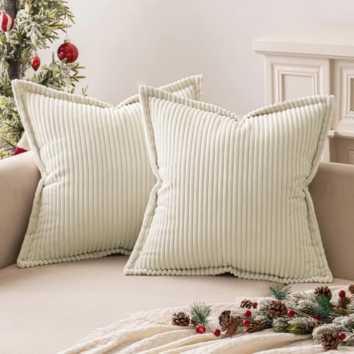 MIULEE Kordsamt Kissenbezug Weiche Kissenhülle Dekorative Sofakissen Quadratische Dekokissen Moderne Zierkissenbezug Gestreifte Kissenbezüge für Schlafzimmer 2 Stück 45x45 cm, Creme von MIULEE
