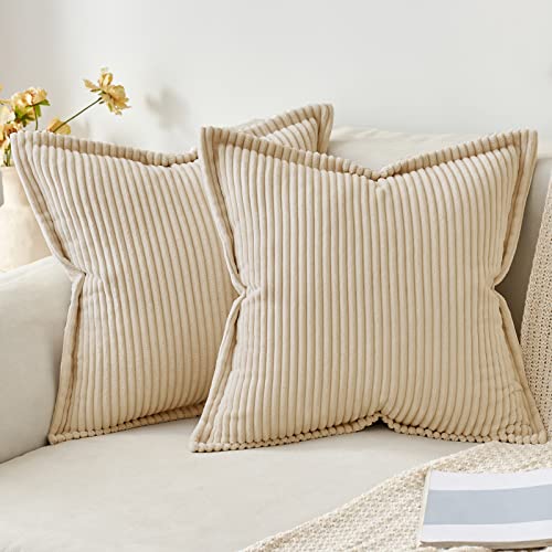 MIULEE Kordsamt Kissenbezug Weiche Kissenhülle Dekorative Sofakissen Quadratische Dekokissen Moderne Zierkissenbezug Gestreifte Kissenbezüge für Wohnzimmer Schlafzimmer 2 Stück 45x45 cm, Beige von MIULEE