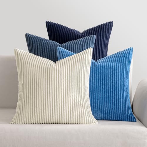 MIULEE Kordsamt Kissenbezug Weiche Kissenhülle Dekorative Sofakissen Quadratische Dekokissen Moderne Zierkissenbezug Gestreifte Kissenbezüge für Wohnzimmer Schlafzimmer 4 Stück 45x45cm Blau von MIULEE