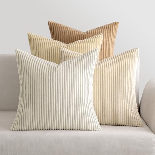 MIULEE Kordsamt Kissenbezug Weiche Kissenhülle Dekorative Sofakissen Quadratische Dekokissen Moderne Zierkissenbezug Gestreifte Kissenbezüge für Wohnzimmer Schlafzimmer 4 Stück 45x45cm beige von MIULEE