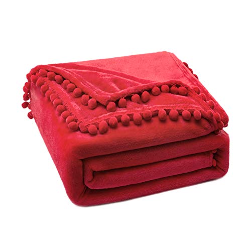 MIULEE Kuscheldecke Fleecedecke Flanell Decke Mit Pompoms Einfarbig Wohndecken Couchdecke Flauschig Überwurf Mikrofaser Tagesdecke Sofadecke Blanket Für Bett Sofa Schlafzimmer Büro 150x200 cm Rot von MIULEE