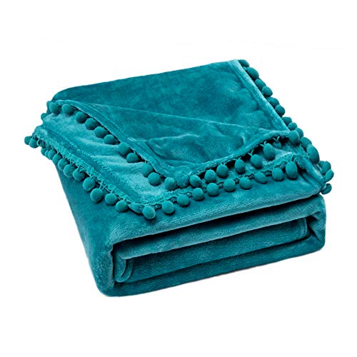 MIULEE Kuscheldecke Fleecedecke Flanell Decke mit Pompoms Einfarbig Wohndecken Couchdecke Flauschig Überwurf Mikrofaser Tagesdecke Sofadecke Blanket, 170x210cm, Wasser Grün von MIULEE