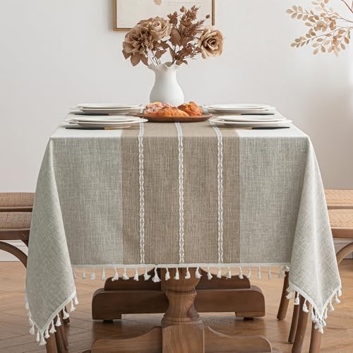MIULEE Leinen Tischdecke 100x140cm Beige Streifen Leinenoptik Tischdecke Abwaschbar Table Cloth Boho Tischdecke Quadratisch für Küchentisch und Outdoor Tischtuch von MIULEE