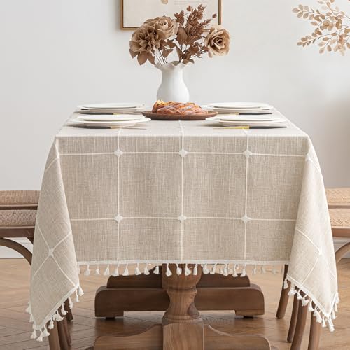 MIULEE Leinen Tischdecke 140x200cm Beige kariert Leinenoptik Tischdecke Abwaschbar Table Cloth Boho Tischdecke Quadratisch für Küchentisch und Outdoor Tischtuch von MIULEE