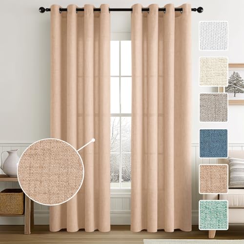 MIULEE Wohnzimmer Vorhänge Gardinen Leinen Ösenvorhang Leinenoptik Vorhang Boho Gardine mit Ösen Semi-transparent Leinenvorhang Curtains 2er Set HxB 225x140 cm， Beige-Rosa von MIULEE