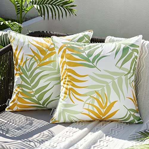 MIULEE Outdoor Kissenbezug Wasserdicht Kissen Wasserfest Dekorative Kissenbezüge Blattmuster Sofakissen Zierkissen Dekokissen für Garten Sofa Couch Wohnzimmer Schlafzimmer 2er Set 45x45 cm Gelbgrün von MIULEE