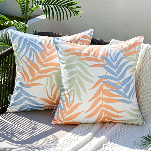 MIULEE Outdoor Kissenbezug Wasserdicht Kissen Wasserfest Dekorative Kissenbezüge Blattmuster Sofakissen Zierkissen Dekokissen für Garten Sofa Couch Wohnzimmer Schlafzimmer 2er Set 45x45 cm Orangeblau von MIULEE