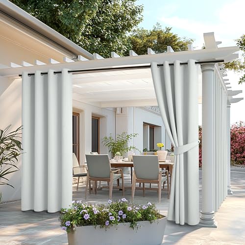 MIULEE Outdoor Vorhang 2 Stücke Outdoorvorhänge Wetterfest mit Ösen, Blickdicht Sonnenschutz Wasserdicht Outdoor Außen Gardine für Garten Terrasse Pavillon Veranda Balkon B 132 x H 275 cm Grau-Weiß von MIULEE