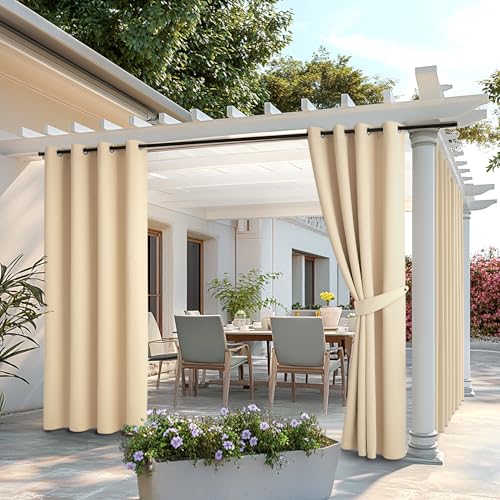 MIULEE Outdoor Vorhang 2 Stücke Outdoorvorhänge Wetterfest mit Ösen, Blickdicht Sonnenschutz Wasserdicht Outdoor Außen Gardine für Garten Terrasse Pavillon Veranda Balkon B 140 x H 245 cm Beige von MIULEE