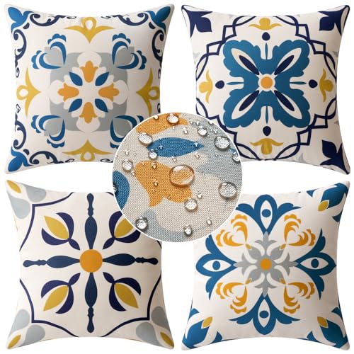 MIULEE Pack of 4er Kissenbezüge Outdoor wasserdichte Leinen Kissen wasserdichte Kissenbezug Gedruckte kissenhülle Für Zelt Park Bett Sofa Stuhl Schlafzimmer Dekorativ Balkon 40x40cm Blau Kaleidoskop von MIULEE