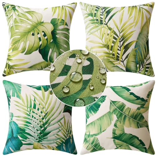 MIULEE Pack of 4er Kissenbezüge Outdoor wasserdichte Leinen Kissen wasserdichte Kissenbezug Gedruckte kissenhülle Für Zelt Park Bett Sofa Stuhl Schlafzimmer Dekorativ Balkon 50x50cm Grün Blätter von MIULEE