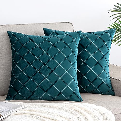 MIULEE 2er Set Samt Kissenbezug Gitter Sofakissen Dekokissen Kissenhülle Kissenbezüge Couchkissen Kissen Samtkissen Weich Einfarbig Zierkissen ohne Füllung für Sofa Wohnzimmer 40x40cm Blau-grün von MIULEE