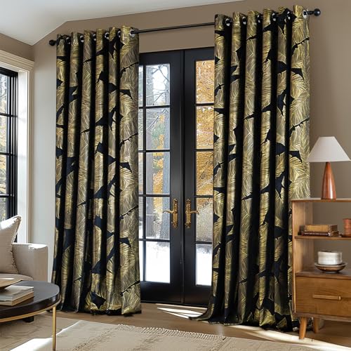 MIULEE Samt Vorhänge Mit Goldfolie Blätter Muster, 2 Stück Schwarz Gardinen Mit Ösen 228x228 cm, Superweich Blickdicht für Deko Wohnzimmer Schlafzimmer, Extra Breite von MIULEE