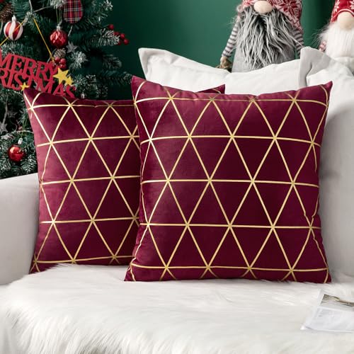 MIULEE Samt Weihnachten Weihnachtskissen Kissenbezug Gitter Moderne Zierkissenbezug Kissenbezüge Sofakissen Weich Deko mit Verstecktem Reißverschluss für Sofa Büro Bett 2er Set 40x40 cm Weinrot von MIULEE