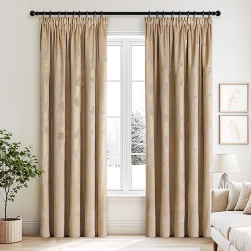MIULEE Samtvorhäng Kräuselband mit Blattgolddruck Verdunklungsvorhänge Samt Gardinen Blickdicht Abdunklungsvorhang Thermovorhang Wohnzimmer Schlafzimmer 2er Set, 140 x 225 cm, Beige von MIULEE