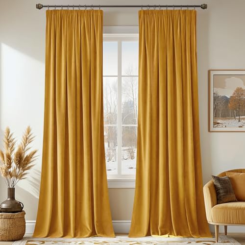MIULEE Samtvorhang mit Kräuselband 2er Set 140X245 cm, Schöne Dicke und Schwere Wohnzimmer Schlafzimmer Deko Blickdichte Vorhänge, Senfgelb Samt Gardinen Verdunkelung Thermovorhang Samt kräuselband von MIULEE