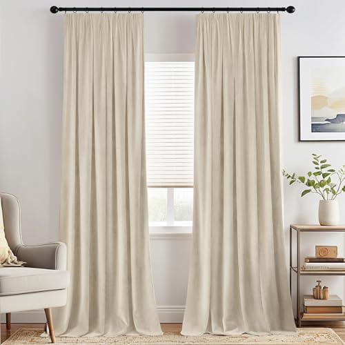 MIULEE Samtvorhang mit Kräuselband 2er Set 140X260 cm, Schöne Dicke und Schwere Wohnzimmer Schlafzimmer Deko Blickdichte Vorhänge, Beige Samt Gardinen Verdunkelung Thermovorhang Samt kräuselband von MIULEE