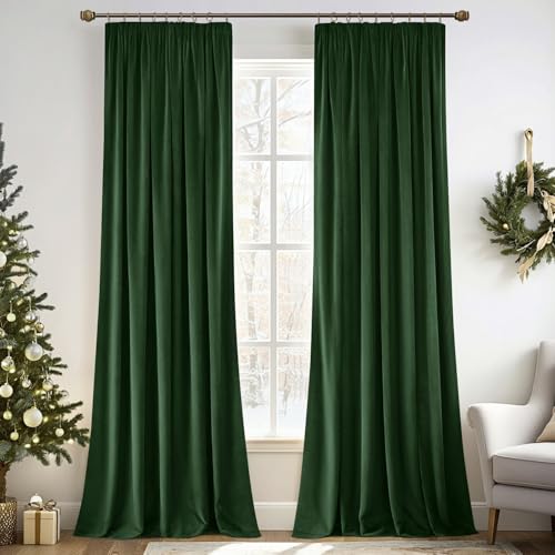 MIULEE Samtvorhang mit Kräuselband 2er Set 140X260 cm, Schöne Dicke und Schwere Wohnzimmer Schlafzimmer Deko Blickdichte Vorhänge, Dunkelgrün Samt Gardinen Verdunkelung Thermovorhang Samt kräuselband von MIULEE