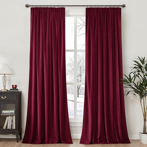 MIULEE Samtvorhang mit Kräuselband 2er Set 140X280 cm, Schöne Dicke und Schwere Wohnzimmer Schlafzimmer Deko Blickdichte Vorhänge, Weinrot Samt Gardinen Verdunkelung Thermovorhang Samt kräuselband von MIULEE