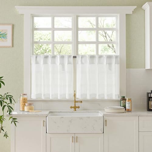 MIULEE Scheibengardinen Bistrogardine Küchengardinen Quetschfalten mit Rückenschlaufen mit Haken,Gardinen Kurz Halbtransparente Voile Lichtfilterung für Küche Wohnzimmer 2er Set,60X45 cm,Weiß von MIULEE