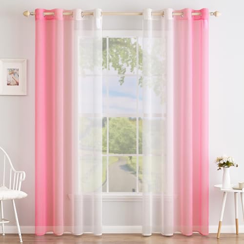 MIULEE Set of 2 Voile Curtains, Two-Tone Curtain with Eyelets, Transparent Curtain, Eyelet Curtain, Translucent Window Scarf for Bedroom 140 x 145 cm, Rosa von MIULEE