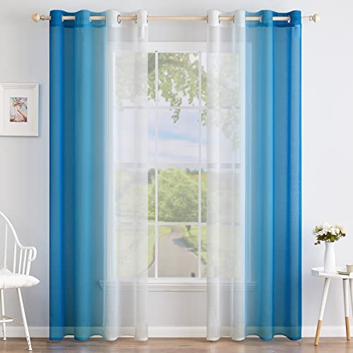 MIULEE Set of 2 Voile Curtains, Two-Tone Curtain with Eyelets, Transparent Curtain, Eyelet Curtain, Translucent Window Scarf for Bedroom 140 x 175 cm, Tiefblau von MIULEE