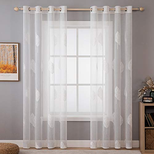 MIULEE Wohnzimmer Vorhänge Transparent mit Weiss Blätter Muster, Modern Stickerei Gardinen Ösen für Schlafzimmer Deko, 2er Set Schöne Blätter Muster Vorhang Fenster H 245 x B 140 von MIULEE