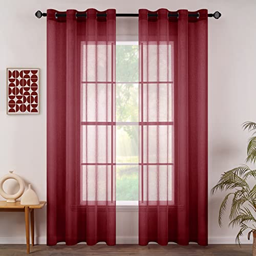 MIULEE Sheer Voile Vorhang Weihnachtsdeko mit Ösen Transparente Optik Gardine Ösenvorhang Ösenschal Transparent Durchsichtig für Schlafzimmer Wohnzimmer 140x137 cm (B x H) 2er Set Rot von MIULEE