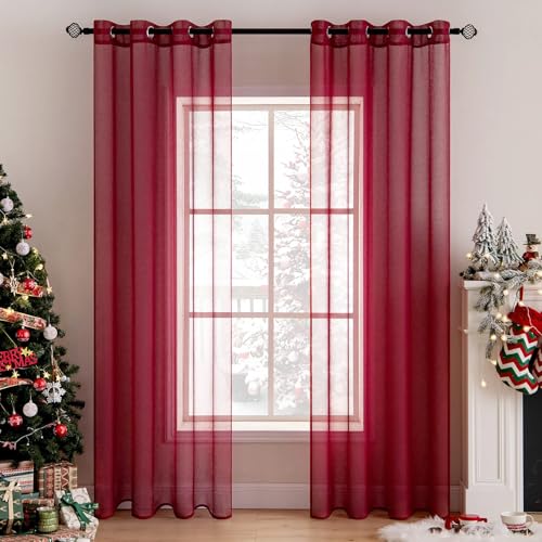 MIULEE Sheer Voile Vorhang Weihnachtsdeko mit Ösen Transparente Optik Gardine Ösenvorhang Ösenschal Transparent Durchsichtig für Schlafzimmer Wohnzimmer 140x137 cm (B x H) 2er Set Rot von MIULEE