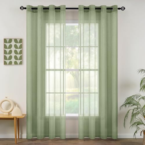MIULEE Sheer Voile Vorhang mit Ösen Transparente Optik Gardine Ösenvorhang Ösenschal Transparent Durchsichtig für Schlafzimmer Wohnzimmer 140x245 cm (B x H) 2er Set Salbeigrün von MIULEE
