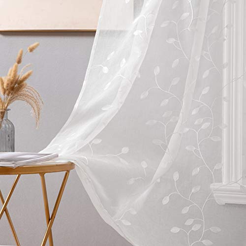 MIULEE Sheer Vorhang Voile Blumen Stickerei Vorhänge mit Ösen transparent Gardine 2 Set Ösenvorhang Gaze schals Fensterschal für Wohnzimmer Schlafzimmer Weihnachten Dekoration 225cmx140cm(HxB) Weiß von MIULEE