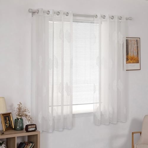 MIULEE Vorhänge mit Weiß Blätter Muster, Schöne Stickerei Vorhang Transparent, Dekoration Ösen Gardinen Für Wohnzimmer, Gardinen Kurz Fenster, 2er Set Modern Schlafzimmer Vorhänge, 2X H 145 X B 140cm von MIULEE