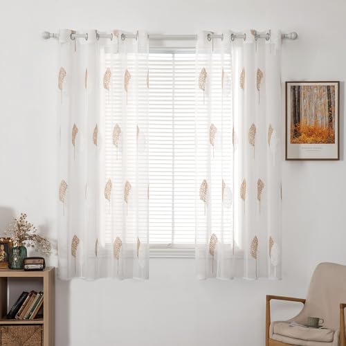 MIULEE Vorhänge mit Braun und Weiß Blätter Muster, Stickerei Vorhang Transparent, Dekoration Ösen Gardinen Für Wohnzimmer, Vorhang Kurz Fenster, 2er Set Modern Schlafzimmer Vorhänge, 2X H145 x B140cm von MIULEE