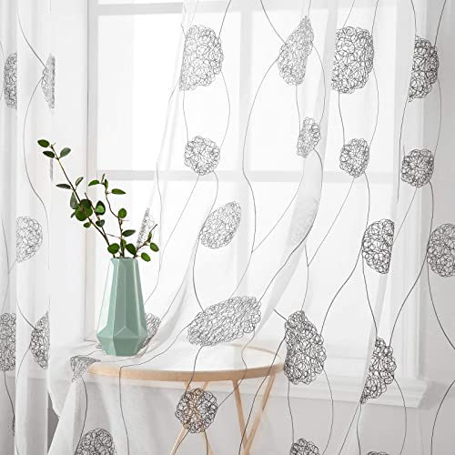 MIULEE Vorhänge mit Florales Stickerei, Gardinen Weiß mit Grau Muste für Wohnzimmer, Schlafzimmer Vorhang Transparent mit Ösen, 2er Set Voile Blumen Durchsichtig Vorhänge, Jeder H 175 X B 140cm von MIULEE