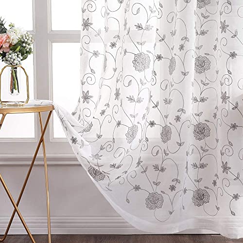 MIULEE Vorhänge mit Blumen Stickerei Muster, Gardinen Grau für Wohnzimmer, Schlafzimmer Vorhang Transparent mit Ösen, 2er Set Voile Durchsichtig Vorhänge, Jeder H 175 X B 140cm von MIULEE