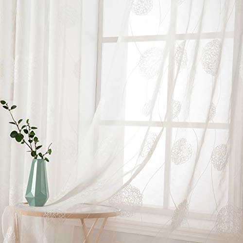 MIULEE Vorhänge mit Florales Stickerei, Gardinen Weiß für Wohnzimmer, Schlafzimmer Vorhang Transparent mit Ösen, 2er Set Voile Blumen Durchsichtig Vorhänge, Jeder H 215 X B 140cm von MIULEE