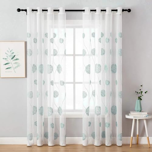 MIULEE Vorhänge mit Florales Stickerei, Gardinen Weiß mit Blau Muste für Wohnzimmer, Schlafzimmer Vorhang Transparent mit Ösen, 2er Set Voile Blumen Durchsichtig Vorhänge, Jeder H 225 X B 140cm von MIULEE