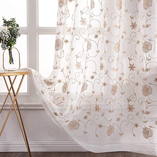 MIULEE Vorhänge mit Blumen Stickerei Muster, Gardinen Braun für Wohnzimmer, Schlafzimmer Vorhang Transparent mit Ösen, 2er Set Voile Durchsichtig Vorhänge, Jeder H 225 X B 140cm von MIULEE