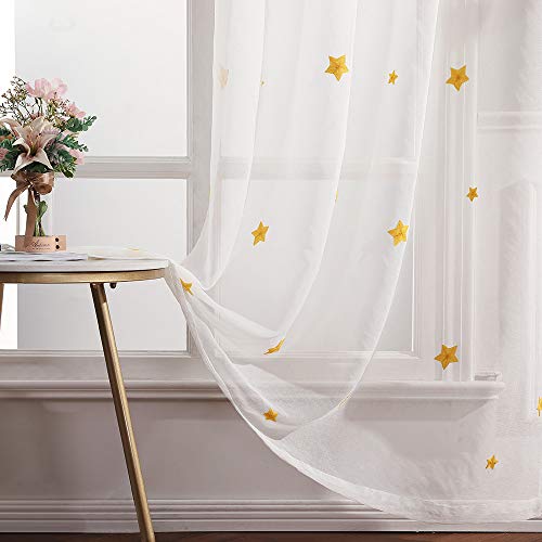 MIULEE Sheer Vorhang Voile Sterne Stickerei Ösen Transparent Dekoschal Gardine Ösenvorhang Schals Fensterschal für Kinderzimmer Wohnzimmer Schlafzimmer 2er Set 145 X 140cm（H x B） Sterne Gelb von MIULEE