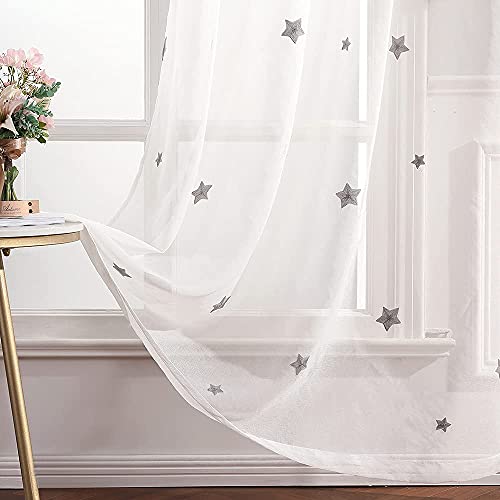 MIULEE Sheer Vorhang Voile Sterne Stickerei Ösen Transparent Dekoschal Gardine Ösenvorhang Schals Fensterschal für Kinderzimmer Wohnzimmer Schlafzimmer 2er Set 245 X 140cm（H x B） Sterne Grau von MIULEE