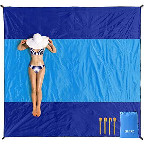 MIULEE Stranddecke Sandfrei Strandmatte wasserdichte 200x210 cm Extra Groß XXL Picknickdecke 4 Befestigung Ecken Outdoor Decke Campingdecke Reisedecke für Strand Wanderung und Ausflug Blau von MIULEE