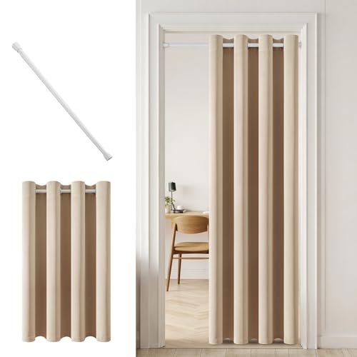 MIULEE blickdicht Türvorhang mit Teleskopstange,ohne bohren einfache Montage, 1 Stück Dunkelbeige tür vorhang innen H 200 x B 150 cm für Zimmer tür, Weiß Stange B 70-130 cm, für schrank küchen vorhang von MIULEE