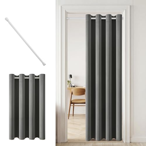MIULEE Blickdicht Türvorhang mit Teleskopstange,ohne Bohren einfache Montage, 1 Stück Grau tür Vorhang innen H 200 x B 150 cm für Zimmer tür, Weiß Stange B 70-130 cm, für Schrank küchen Vorhang von MIULEE