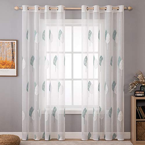 MIULEE Wohnzimmer Vorhänge Transparent mit Türkis und Weiss Blätter Muster, Modern Stickerei Gardinen Ösen für Schlafzimmer Deko, 2er Set Schöne Blätter Muster Vorhang Fenster H 225 x B 140 von MIULEE