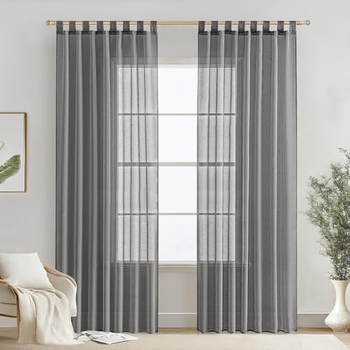 MIULEE Voile Gardinen Vorhänge mit Schlaufen Leineneffekt Halbtransparent Vorhange Elegant Einfach Leinenoptik für Wohnzimmer Schlafzimmer 2er Set, 140×225(H×B), Dunkelgrau von MIULEE